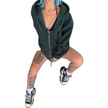 Zamerya Kadın 3 Iplik Pamuklu Kapüşonlu Kanguru Cepli Baskılı Oversize Hoodie Sweatshirt - Haki