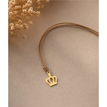 Femenino Çelik Kral Tacı Charm Detaylı Minimal Choker Ayarlanabilir Kolye