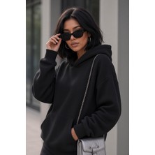 Oksit Bery Kadın Iki Iplik Şardonlu Oversize Kapüşonlu Basic Sweatshirt | Kanguru Cepli Düz Renk Günlük Hoodie