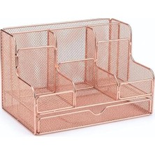 Temel Rose Gold Metal Mesh Masaüstü Organizer Çekmeceli Çok Bölmeli 25X17X16 cm 9527R