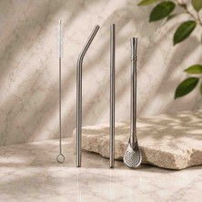 Tea Escape Paslanmaz Çelik 4'lü Pipet & Bombilla Seti – Eğri Pipet, Düz Pipet, Filtreli Bombilla ve Temizleme Fırçası
