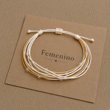 Femenino Gold ve Ekru Ipli Çoklu Boncuklu Bileklik