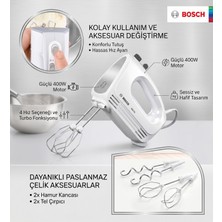 Bosch Beyaz Paslanmaz Çelik El Mikseri - 4 Farklı Hız Ayarı, Turbo Fonksiyonlu, Kolay Çıkarma Tuşlu, Çelik Çırpıcı ve Hamur Yoğurma Kancalarıyla Kusursuz Çırpma Performansı