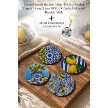 Limon Desenli Bardak Altlığı 4'lü Set – Sicilya Temalı - 9 Cm, 3 mm Mdf Ahşap, Uv Baskı, Dekoratif, Yuvarlak