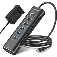 USB C Hub, Güç Kaynaklı Rshtech 7'si 1 Arada USB 3.2 Hub, Ethernet Adaptörlü, 3 x 10 Gbps USB 3.2 Bağlantı Noktası (2*tip C, 1 x Tip A), 3*5gbps USB 3.0 Bağlantı Noktası, 2'si 1 Arada Kablo, 24W Güç