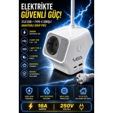 Ecuy 3'lü Grup Priz 2 USB Type-C Girişli Ayrı Anahtarlı 1.5 Metre Uzatma Kablosu 16A 3680W Ev Ofis Duvar Monteli