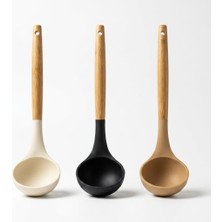 30 cm Bambu Saplı Silikon Kepçe, Derin Hazneli Servis Kepçesi, Çorba Sulu Yemek Sos ve Bakliyat Için Mutfak Kepçesi, Askı Delikli, 3 Renk Asorti Karışık Gönderim
