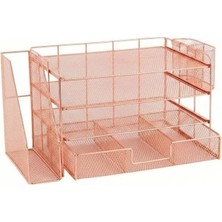Rose Gold Metal Mesh 3 Katlı Masaüstü Organizer Dosyalık Çekmeceli Kalemlikli 33X22X23 cm 9533