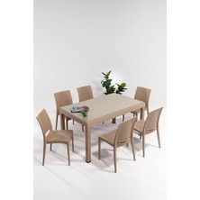 Rattan Large Camlı Cappucino Masa Takımı Bahçe&balkon 1 Camlı Masa + 6 Sandalye