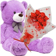 Sevimli 90 cm Peluş Ayı ile Premium Yumoş Kırmızı Peluş Ayıcık Buketi Lila