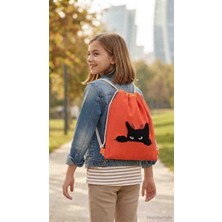 Reyn %100 El Emeği Siyah Kedi Punch Işlemeli Turuncu Sırt Çantası