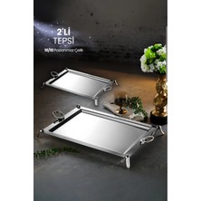 ÖzSa Home 2'li Vanes Silver Tepsi 18/10 Paslanmaz Çelik Ayaklı Tepsi Çay Kahve Servis Sunum Ikramlık Tepsi