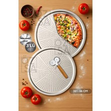 ÖzSa Home 3 Parça Büyük Boy Delikli Pizza Tepsi Seti Lahmacun Tepsisi Pizza Kesici Seti 32-36CM