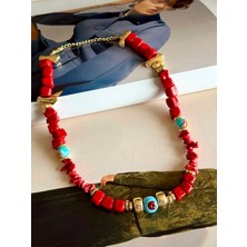 Store By Dilara Coralia Kırmızı ve Turkuaz Boncuklu Kolye – Gold Detaylı Bohem Tasarım