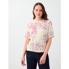 Jimmy Key Kırık Beyaz Floral Desenli Yuvarlak Yaka Kısa Kol Triko Kazak
