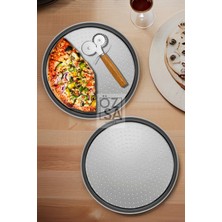 ÖzSa Home 2'li Orta Boy Delikli Pizza Tepsisi Lahmacun Pide Tepsisi 32CM Bambu Çift Taraflı Pizza Ruleti Seti
