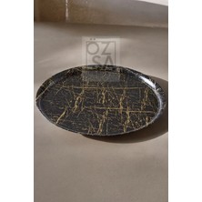 ÖzSa Home Mermer Desenli 35CM Yuvarlak Gold Siyah Melamin Tepsi Sunum Dekoratif Sofra Mutfak Çay Kahve Tepsi