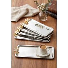 ÖzSa Home 6'lı Papatya Aksesuarlı Lüx Dikdörtgen Paslanmaz Çelik Kahve Çay Ikram ve Sunum Tepsisi Gümüş Renk 33X13 cm