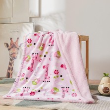 Tersinir Zengin Baskılı Dokuma Kabarık Peluş Yumuşak Sıcak Flanel Polar Sherpa Çocuk Çocuk Battaniyesi, 76 x 106 cm Kahverengi Yeşil Pembe Renk Zürafa ve Pembe Taban Desenli Maymun