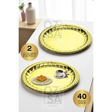 ÖzSa Home 2 Adet Paslanmaz Çelik Desenli Gold Yuvarlak Çay Tepsi Kahve Servis Sunum Tepsi 40CM