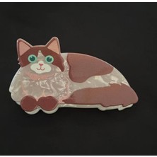 Femenino Kahverengi Beyaz Kedi Figürlü Akrilik Kemik Saç Tokası