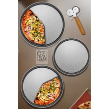 ÖzSa Home 3'lü Delikli Pizza Tepsisi Lahmacun Pide Tepsisi Çelik Tepsi Bambu Çift Taraflı Pizza Ruleti Seti