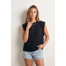 elemge %100 Pamuk Süprem Tok Kumaş Kadın Oversize Siyah T-Shirt Geniş Omuzlu Dökümlü Kolsuz Bol Kalıp Compact Penye