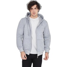 Zamerya Erkek 3 Iplik Pamuklu Fermuarlı Kapüşonlu Kanguru Cepli Hoodie Hırka Sweatshirt - Gri