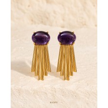 Riody Nuit Violette Gold Kaplama Mor Doğal Taşlı Saçaklı Kadın Küpe