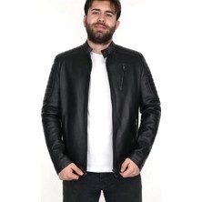 Ege Deri %100 Hakiki Kuzu Derisi Puntolu Erkek Siyah Mont Hakim Yaka