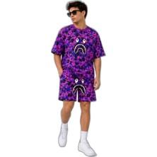 Zamerya Erkek Oversize Kalıp Pubg Bape x Shark Nakışlı Cepli Şort Takım - Mor