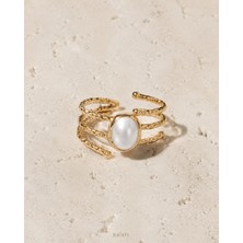 Riody Lune D’ıvoire Gold Kaplama Oval Beyaz Doğal Taşlı Ayarlanabilir Kadın Yüzük