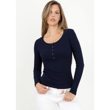 Hdm Kadın Lacivert Uzun Kollu Fitilli Patlı Düğmeli Basic Örme Bluz - H6162