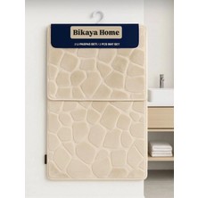 Bikaya Home Yıkanabilir Kaymaz Dot Taban - 2'li Taş Desen Puffy Klozet Takımı - 60X100 cm 50X60 cm
