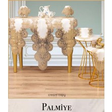 Ceki Home Salon Takımı 7 Parça Keten Masa Örtüsü Runner Seti Çeyizlik Palmiye Model Krem-Kapiçino