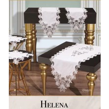 Ceki Home Salon Takımı 5 Parça Keten Dantelli Masa Örtüsü Runner Seti Çeyizlik Helena Model Krem