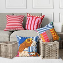 Alkan Homes 4 Lü Kombin Sevimli Köpek ve Renkli Modern Desenli Dekoratif Dijital Baskılı Kırlent Kılıfı