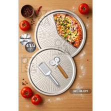 ÖzSa Home 4 Parça Büyük Boy Delikli Pizza Tepsi Seti Lahmacun Tepsisi Peynir Rendesi Pizza Kesici Seti 32-36CM