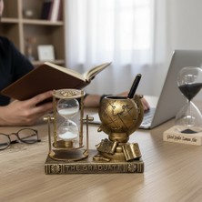 Keyfim Shop Kişiye Özel Dekoratif Vintage Kum Saati ve Dünya Küresi Kalemlik