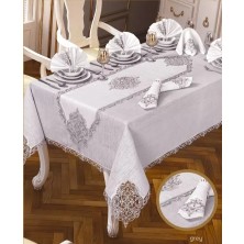 Elegant Linen Krem-Gümüş 12 Kişilik 26 Parça 160 × 220 cm Premium Sofra Masa Takımı