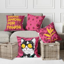 Alkan Homes 4 Lü Kombin Sevimli Kedi. Modern Desenli Dekoratif Dijital Baskılı Kırlent Kılıfı