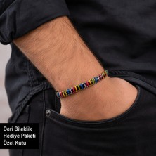 Herşey Nota Mozaik Çizgili Deri Erkek Bileklik – Siyah Klipsli Ayarlanabilir Tasarım