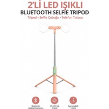 2’li LED Işıklı Bluetooth Kumandalı 170 cm Selfie Çubuğu Tripod Telefon Tutucu – Vlog, Canlı Yayın ve Makyaj Çekimi Için Pembe