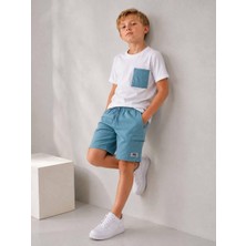 Cg Kids Kargo Cepli Mavi Şort & Beyaz T-Shirt Cep Detaylı Erkek Çocuk Alt Üst Takım