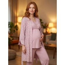 Lohussa Yeni Sezon Gülkurusu Yazlık Kolay Emzirme Özellikli Tasarım Kısa Kol Dokuma Hamile Lohusa Sabahlık Pijama Takımı 3'lü Set