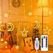 Meks Masaüstü Aydınlatması Ay ve Yıldız Figürlü Kumandalı 12 Sarkıtlı 120 LED Dekor Işık Dekor Amaçlı Or