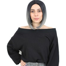 TeknoKapsül Kahkülsüz Düz Kısa Fiber Sentetik Peruk - Siyah / Gri Ombreli
