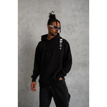 Tarz Yeri Erkek 3 Iplik Pamuklu Kapüşonlu Baskılı Cepli Oversize Sweatshirt Hoodie - Siyah