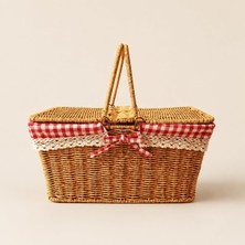 Poomy Hasır Piknik Sepeti, Kırmızı Ekoseli ve Dantelli Kapaklı Taşıma Sepeti, 39X27X18 cm Ah�