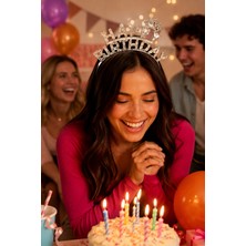 Dodomar Gümüş Happy Birthday Taç Taşlı Görünümlü Doğum Günü Parti Kutlama ve Eğlence Aksesuarı